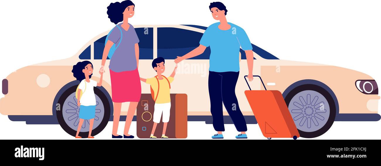 Happy travel. Family luggage, summer happy trip. Car to airport man mother daughter. Travellers with bags, auto journey vector illustration Stock Vector