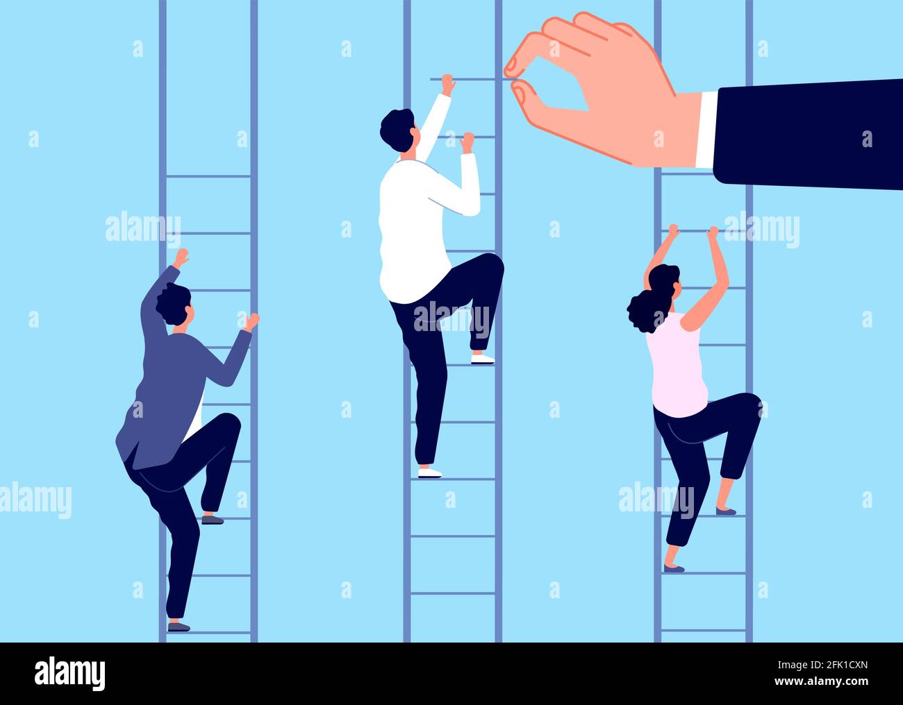 Career ladder. Help business man, corporate challenge. Unequal job conditions and growth opportunity. Leadership competition vector concept Stock Vector