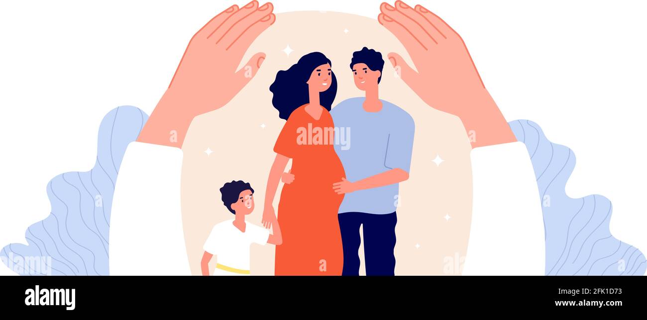 Family protection. Children adult support, patient protected. Hand hug people. Pregnant woman, father and mother. Parenthood vector concept Stock Vector
