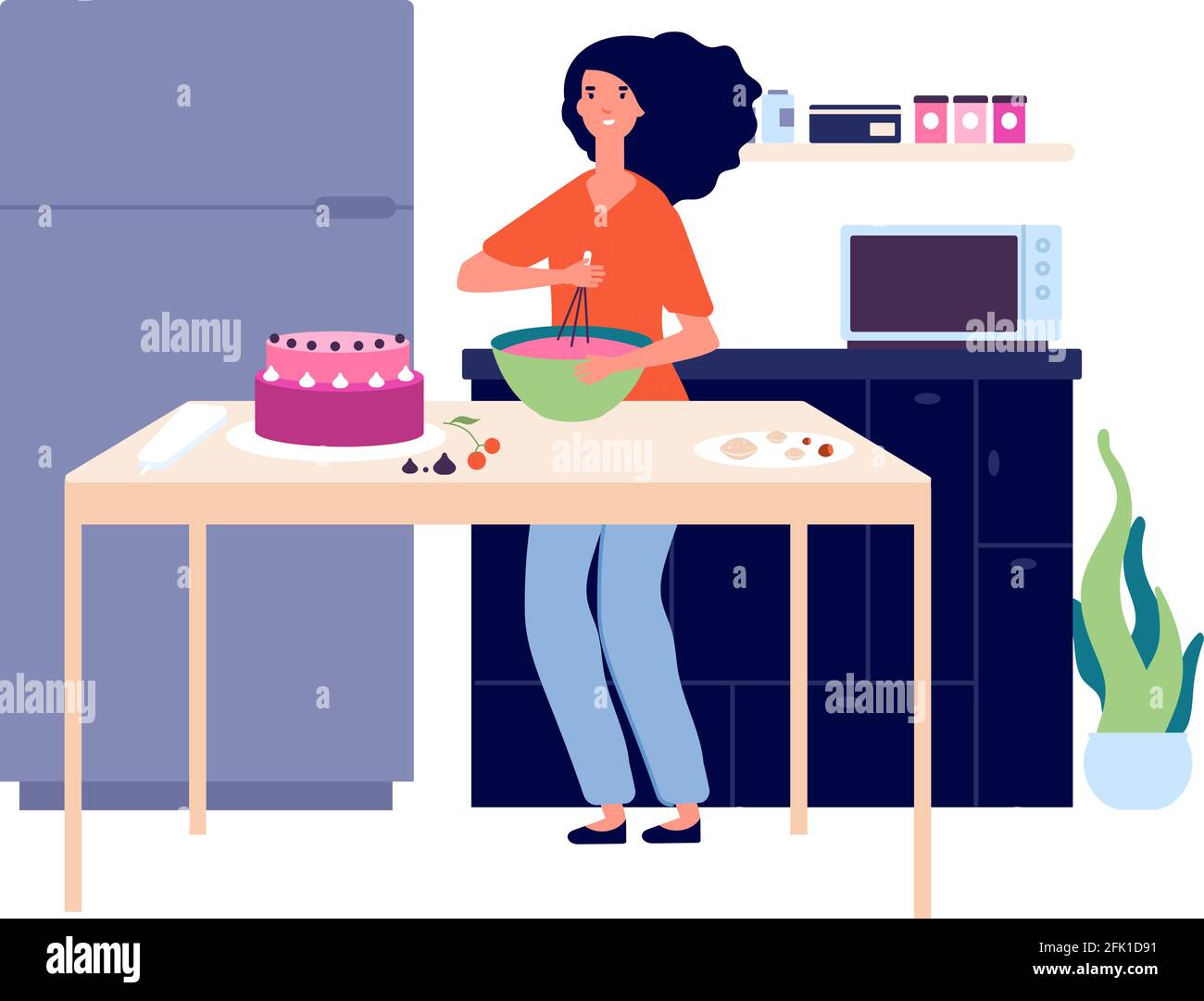 Baking Girl cooking pie, bakery kitchen. Birthday festive