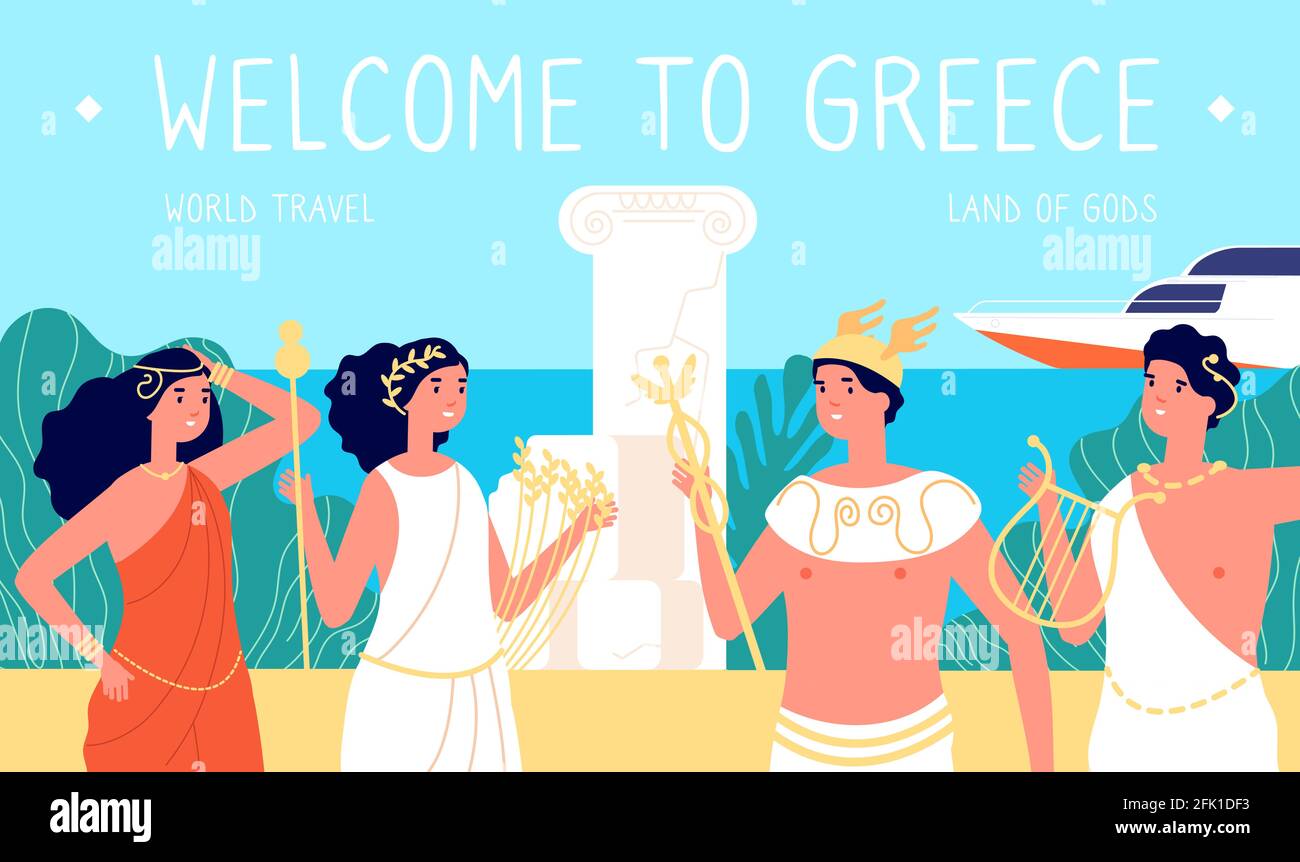 Greece travel. Antique places, ancient greek architecture. Famous tourism, sea and beach. Pantheon gods, mythology and reality vector banner Stock Vector