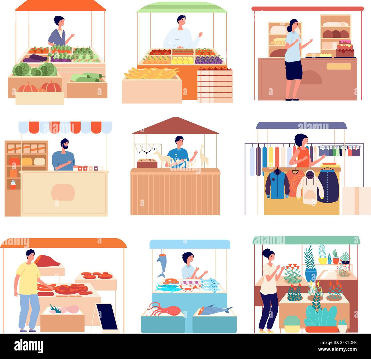 Street counter. Market vendors, sellers natural homemade fresh product. Isolated seafood, vegetables honey shopping stand, stalls vector set Stock Vector