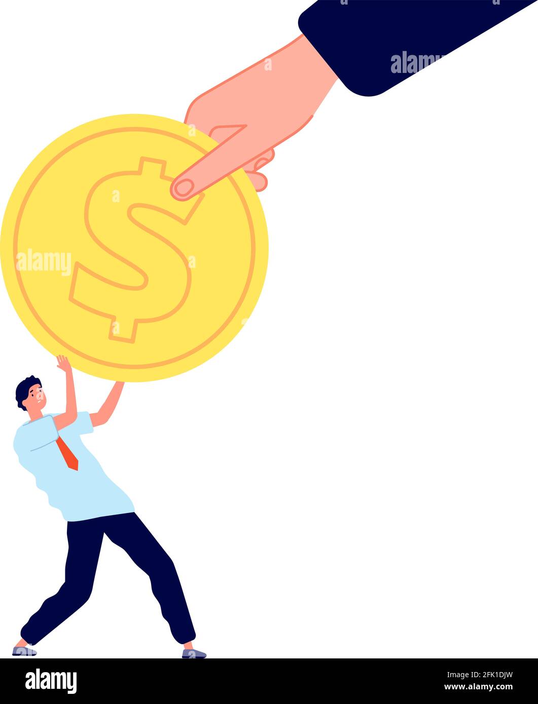 Large investment. Small man, business leadership and financial help. Risk management, loan. Investor hand with gold coin vector illustration Stock Vector
