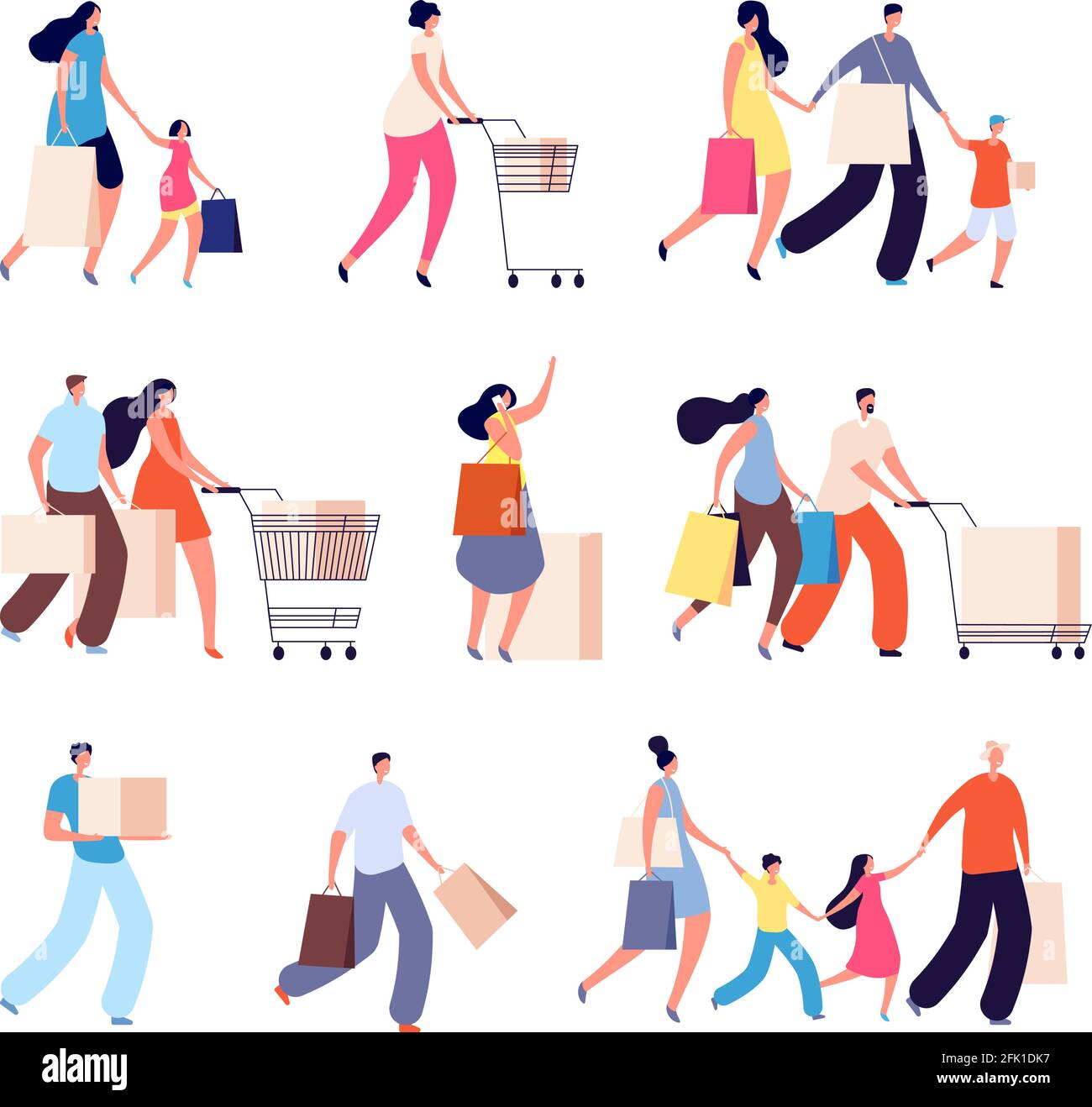 Family shopping. Consumers, woman buy food or clothes. Isolated people with bag for shop. Kids and adult fashion shoppers vector characters Stock Vector
