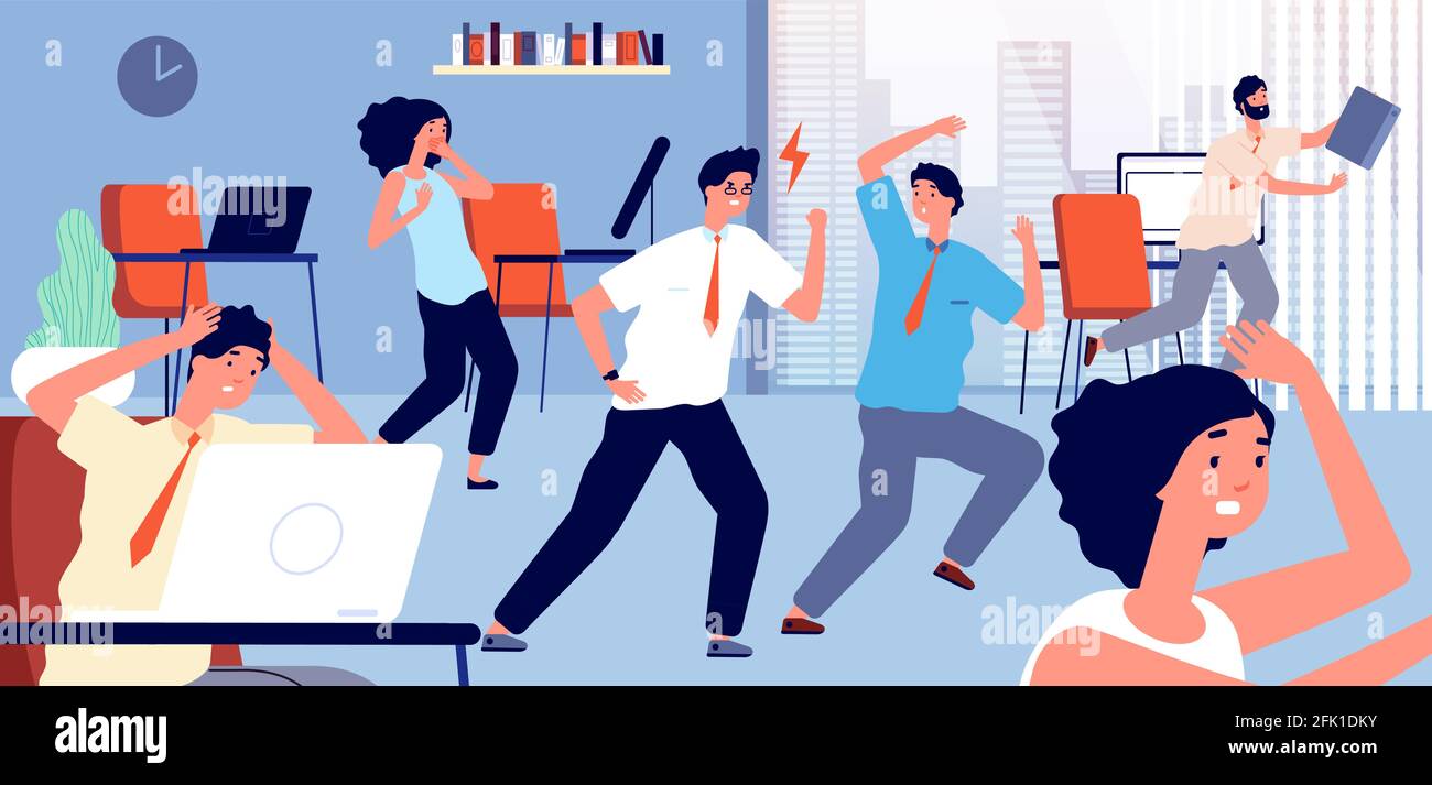 Angry boss. Office confrontation, nervous manager. Corporate chaos and panic. Businessman shouting, workers shocked vector illustration Stock Vector