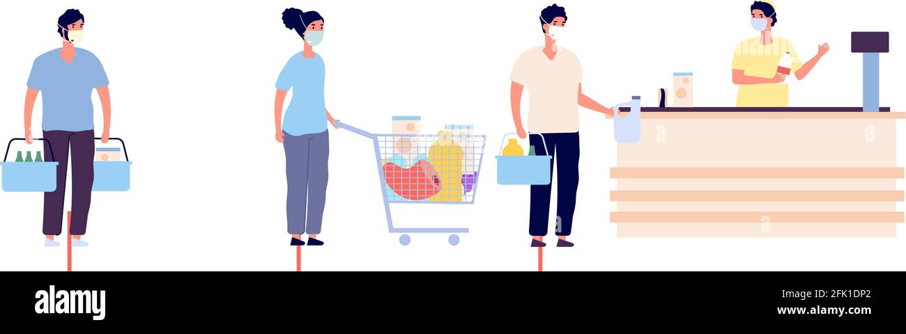 Grocery store queue. Global coronavirus COVID 19 pandemic or epidemic. Isolation period, people in masks keep a distance in waiting line. Individual Stock Vector