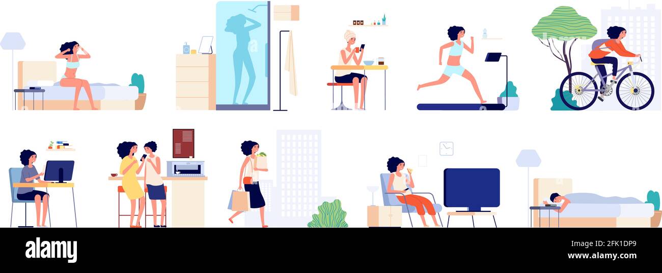 Woman daily routine. Businesswoman day, girl city life. Female ...