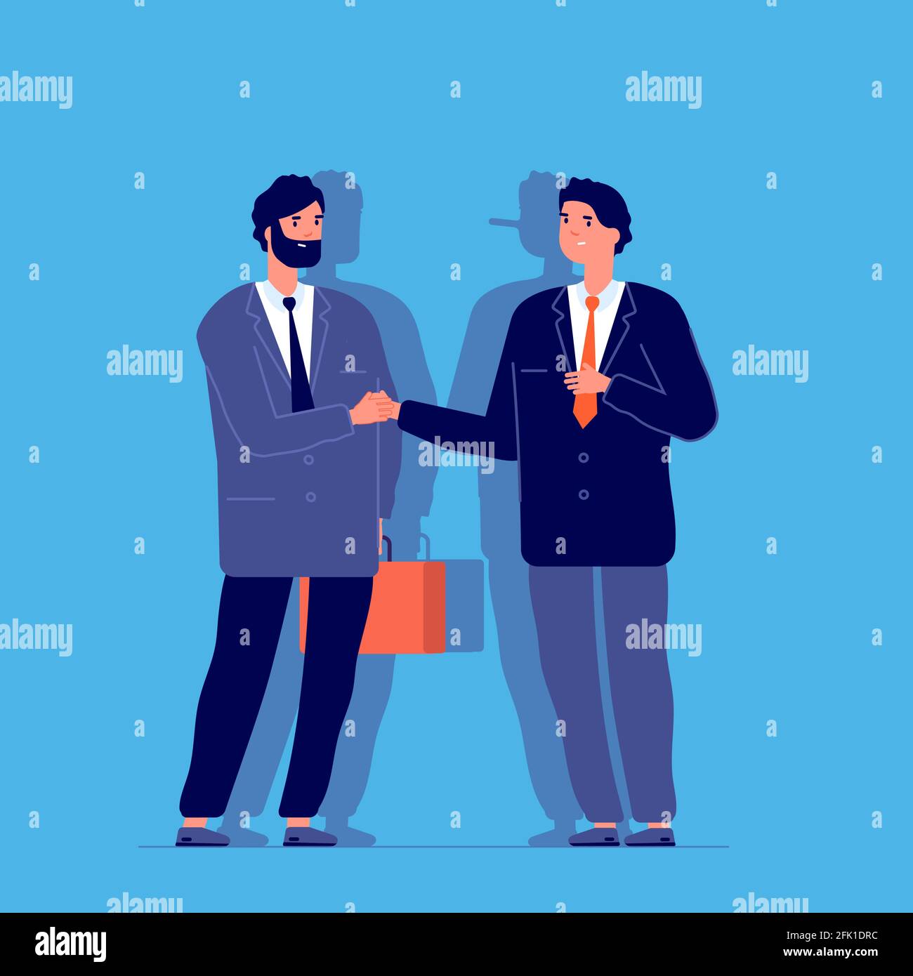 Long nose liar. Dishonest businessman hiding lie. Fake business truth. Man with pinocchio shadow. False manager cheat guy vector concept Stock Vector