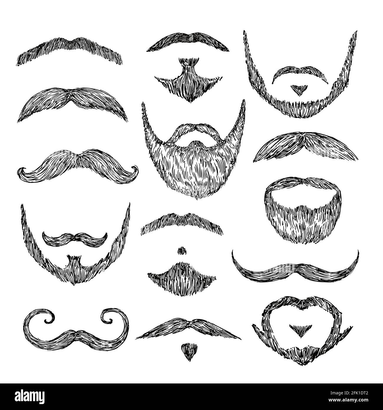 Sketch mustache. Drawing facial hair. Isolated patch mustaches, retro mouth beard. Abstract male hipster hand drawn mask vector illustration Stock Vector