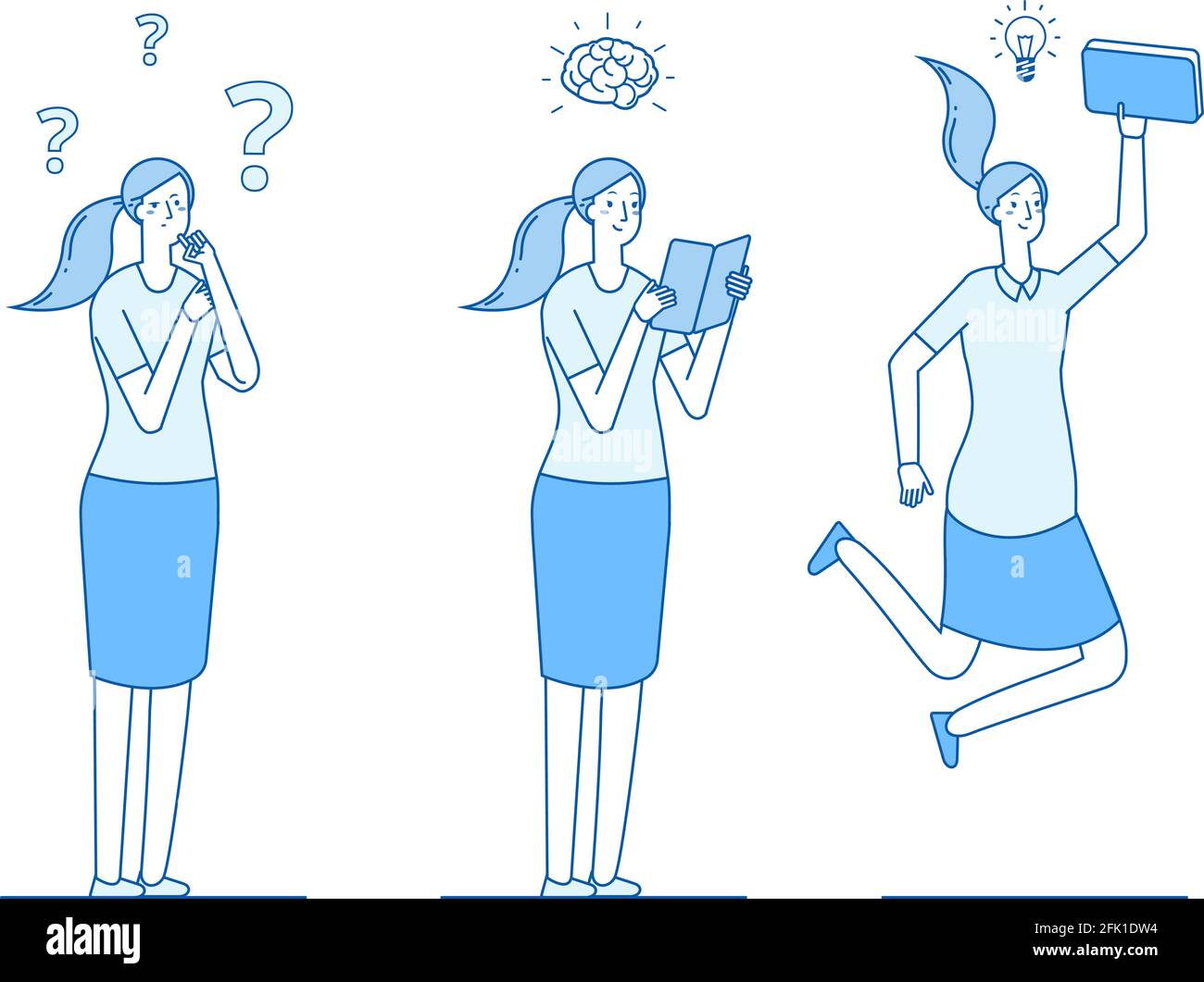 Girl looking answers to questions. Reading and learning, searching for ideas and solutions. Self education, knowledge acquisition vector illustration Stock Vector