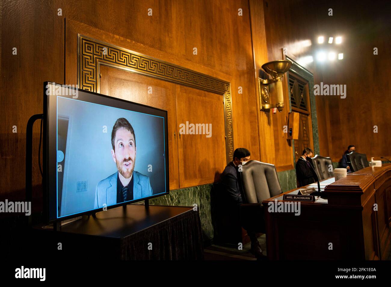 Tristan Harris, co-founder and president at the Center for Humane Technology, testifies virtually during a Senate Judiciary Subcommittee hearing in Washington, D.C., U.S., on Tuesday, April 27, 2021. The hearing is examining the effect social media companies' algorithms and design choices have on users and discourse. Photographer: Al Drago/Pool/Sipa USA Stock Photo