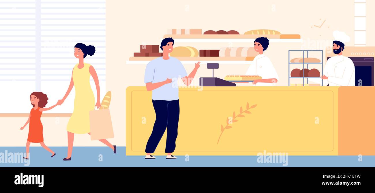 Bakery shop. Small bread store interior, woman man buy snack. Flat bakers customers characters. Food vendor business vector illustration Stock Vector