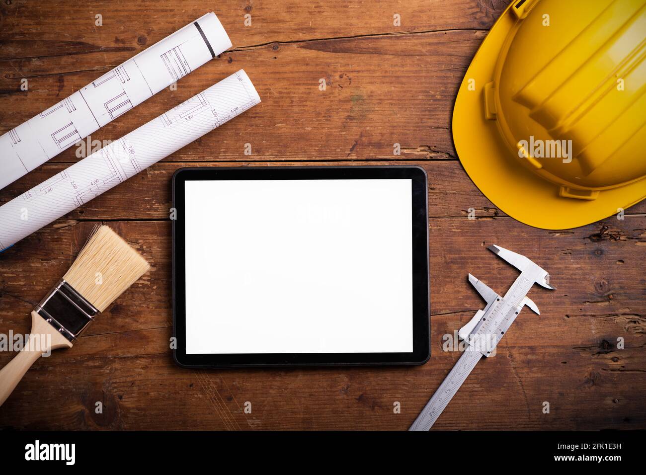 Work tools with tablet on wooden background close up Stock Photo