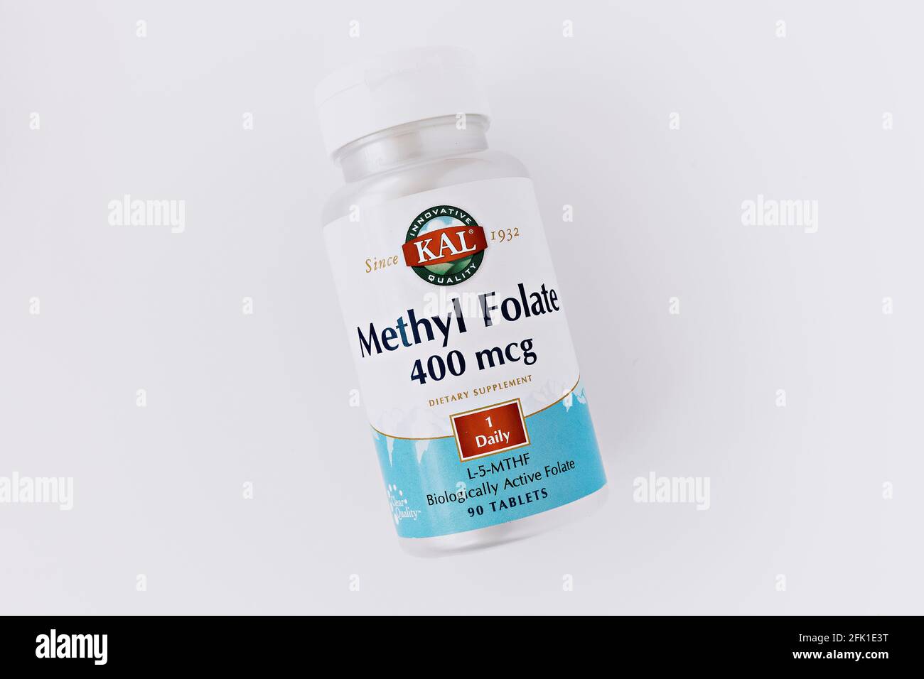 close-up of methyl folate tablets in the jar. dietary concept. dietary supplement Stock Photo