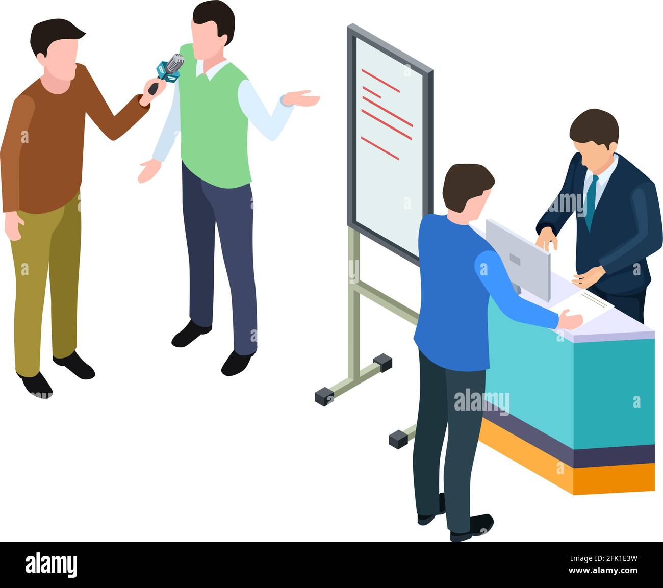 Business presentation. Isometric businessman, guy giving interview