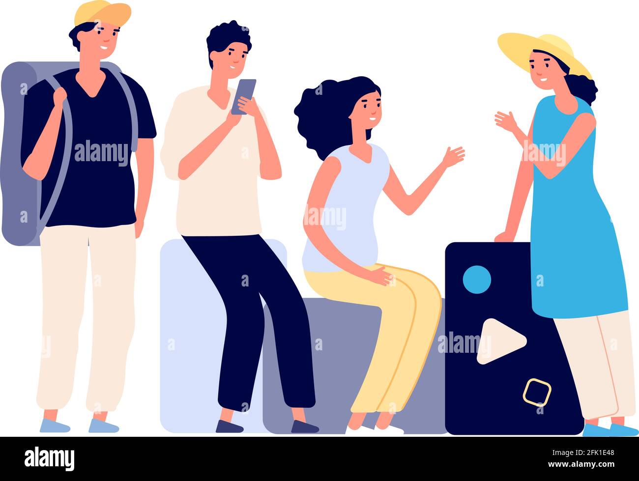Friends vacations. People with luggage, flat tourists talking. Friendship travellers, boys and girls wait transport on bags vector illustration Stock Vector