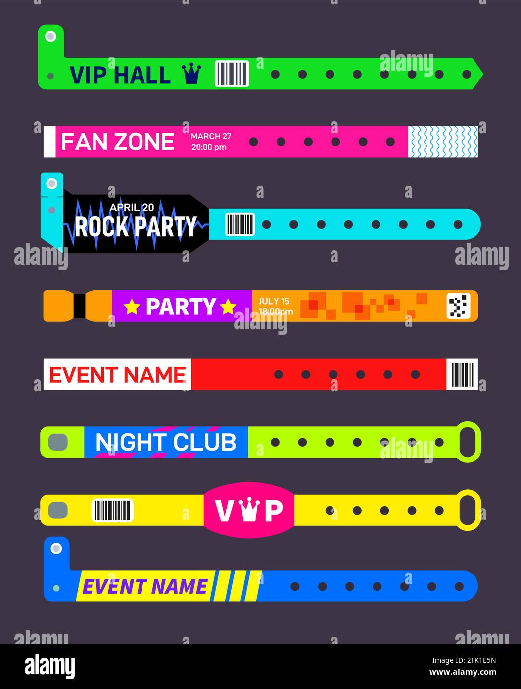 Event bracelets. Party festival entrance paper wristbands. Concert  invitation ticket mockup. Music entertainments entry wristlet vector set  Stock Vector Image & Art - Alamy