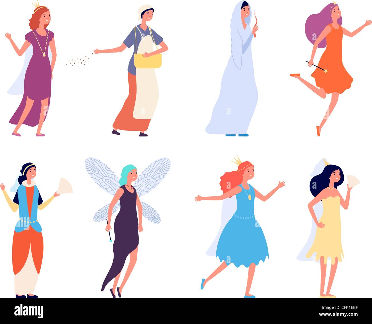 Female fairy tales characters. Women in festive suits. Happy isolated actress. Princesses queen medieval maid. Fantasy magic girls vector illustration Stock Vector