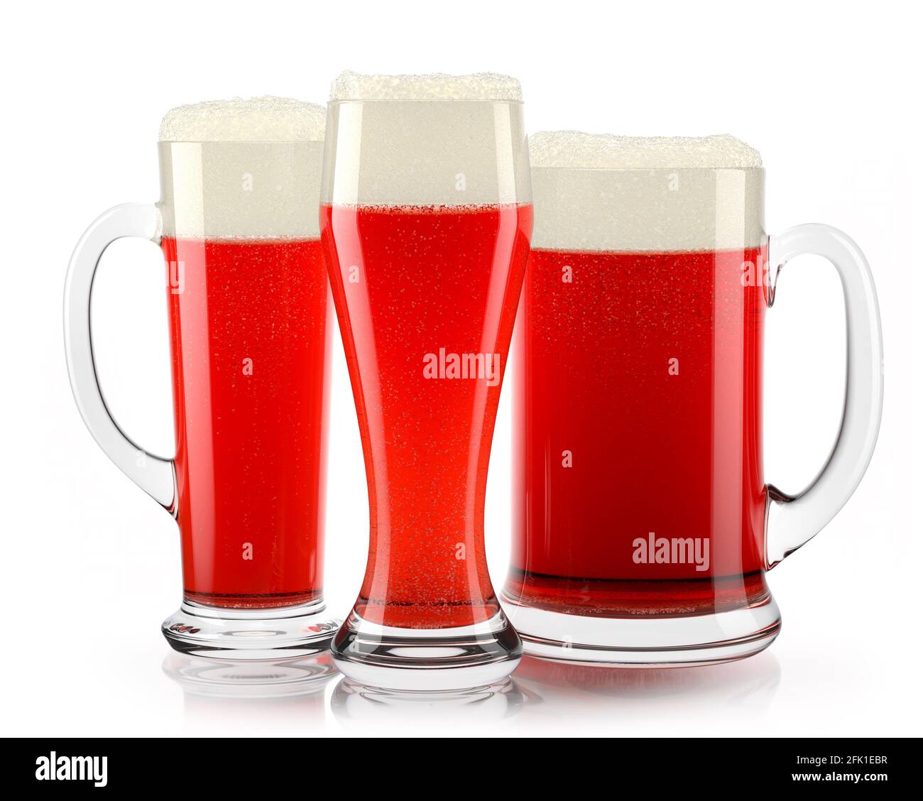 Set of fresh draft beer glasses with bubble froth isolated on white