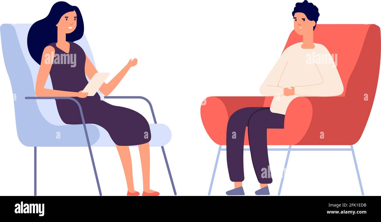 Woman psychologist. Couple talking, flat man woman sitting on chairs. Psychotherapy session or psychological consultation. Sad frustrated guy vector Stock Vector