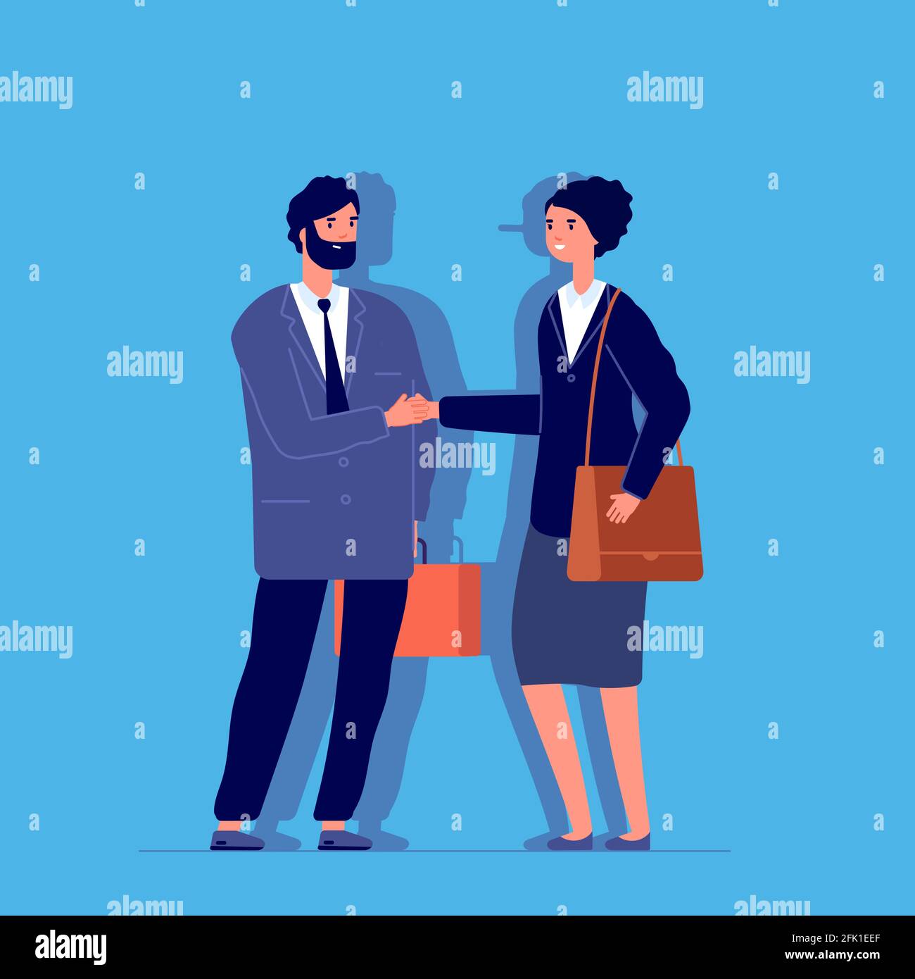 Woman liar. Long nose, business fraud metaphor. Female cheat fake smile and handshake. Flat partners, manager and client vector illustration Stock Vector