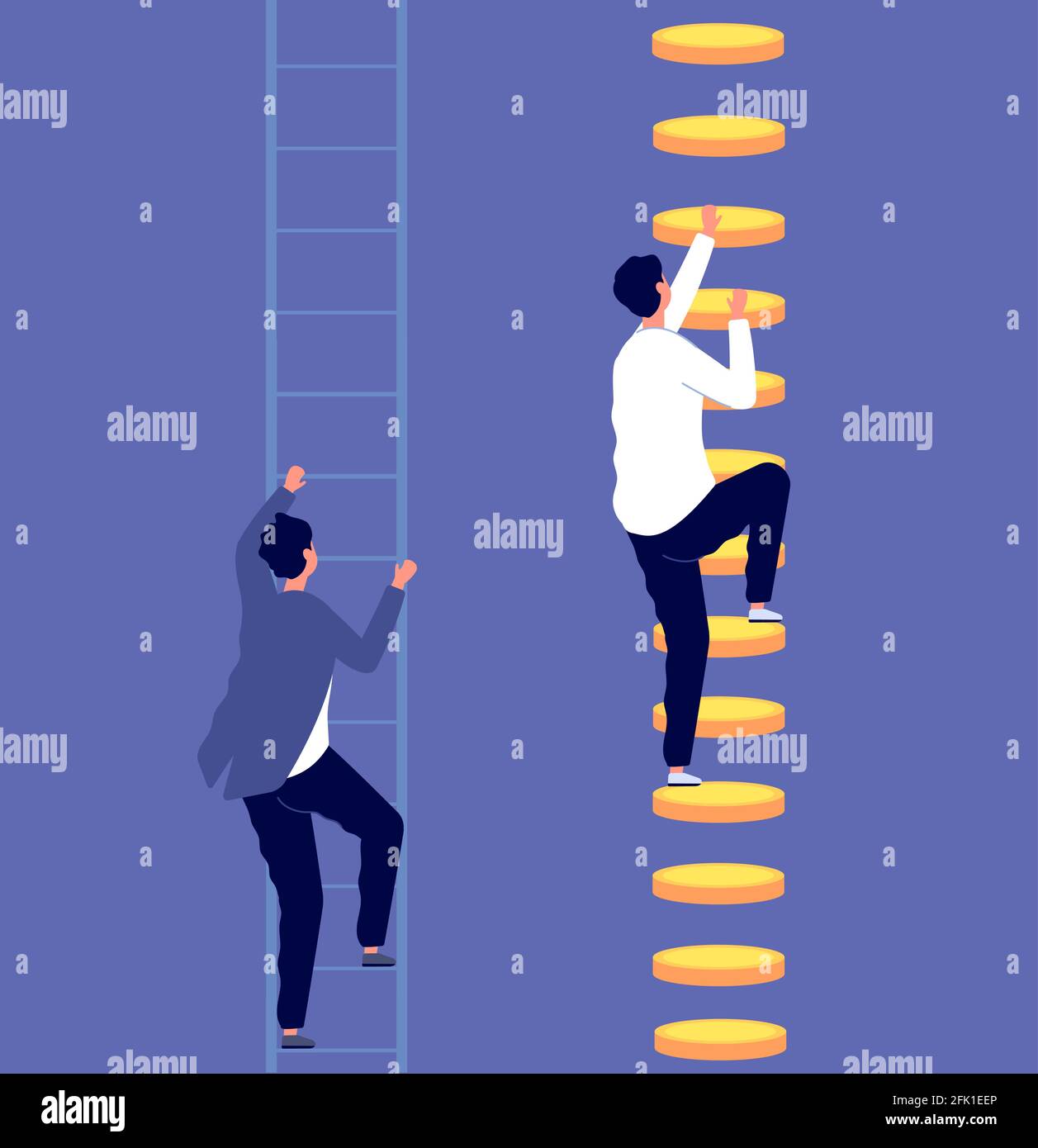 Career inequality. Social gap, employee discrimination. Tiny business professionals on ladders. Money help promotion vector illustration Stock Vector