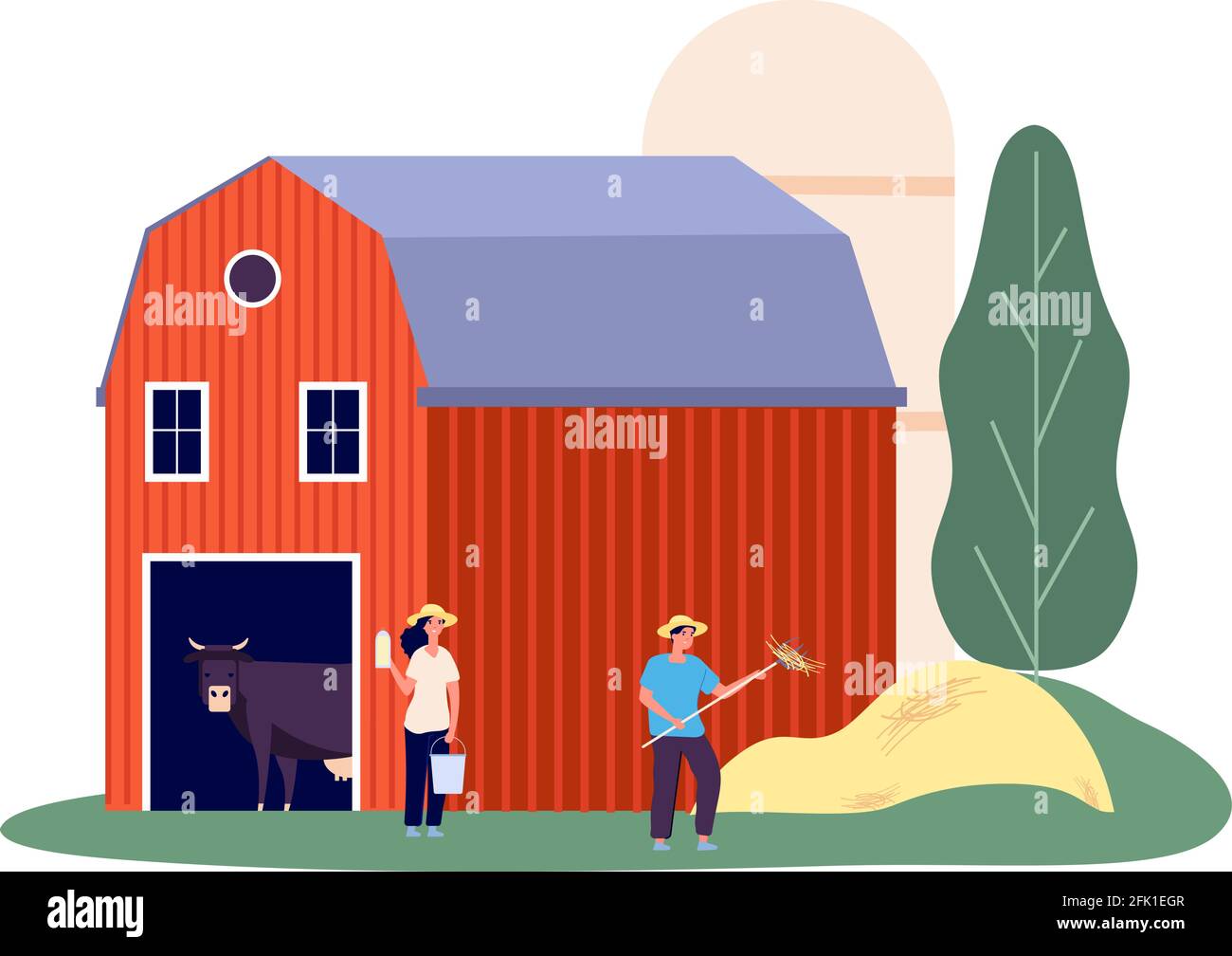 Rural farm. Animals shed, dairy products. Flat woman with bucket, man picking hay vector illustration Stock Vector