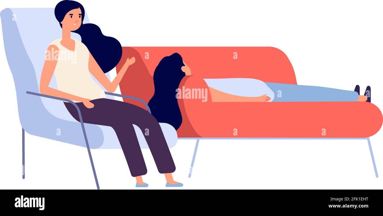 Psychotherapy session. Woman on couch talking with psychotherapist. Flat depressed girl and psychologist. Mental disorder treatment and prevention Stock Vector