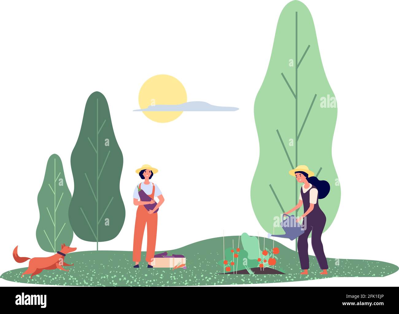 Happy farmers. Flat women agricultural workers with vegetables. Girls