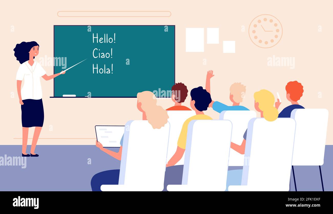 Language lesson. Students at school, classroom and teacher at chalkboard. Adults learn foreign languages in group vector illustration Stock Vector
