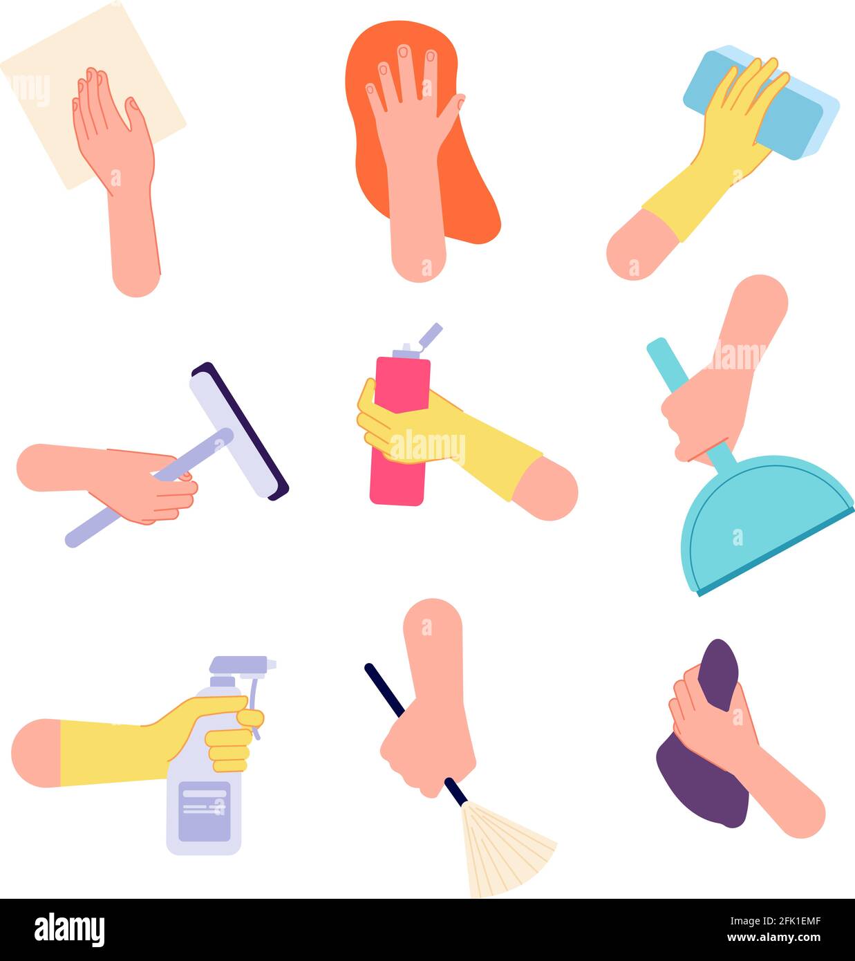 Hand cleaning. Hands watering, holding spray bottle brush sanitary wipes. Isolated housework icons with detergent tools vector illustration Stock Vector