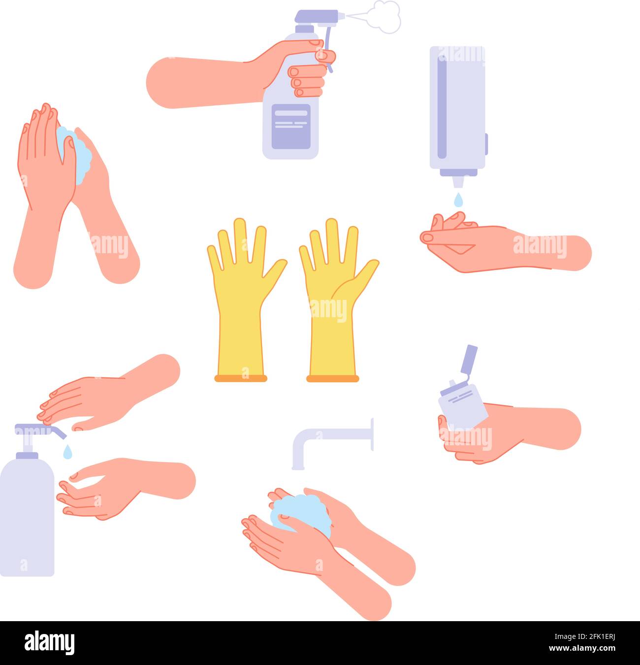 Disinfection. Hand wash steps, drying hands and hygiene. Sanitation spray washing soap gel and sanitize bottle. Virus protection vector set Stock Vector
