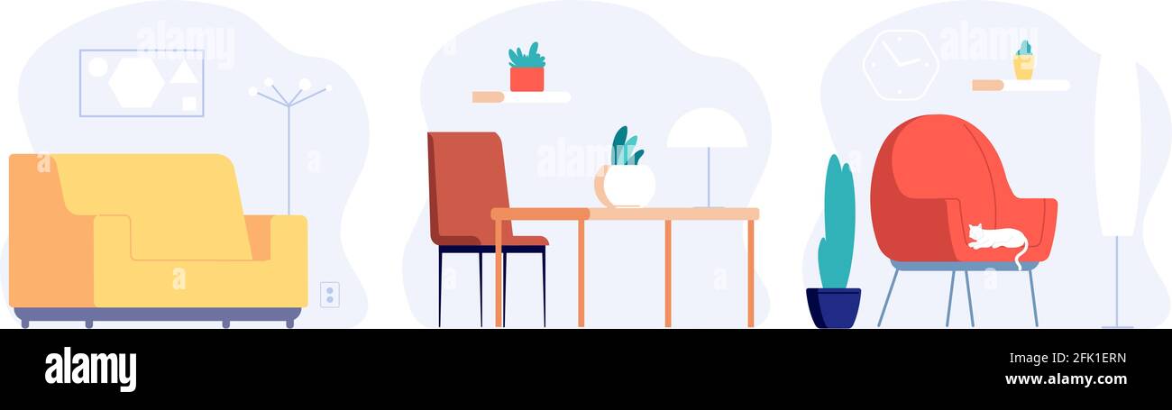 Minimalist interiors. Room design, scandinavian flat style decorations. Furniture for living and dining room, cabinet vector illustration Stock Vector