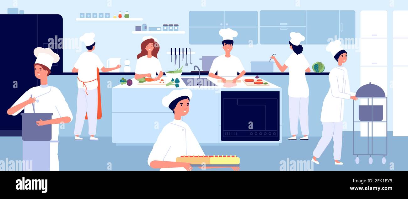 Professional cooking kitchen. Restaurant cook, commercial food industry. Flat chef and waiter. Cafe cooking, hospitality vector illustration Stock Vector
