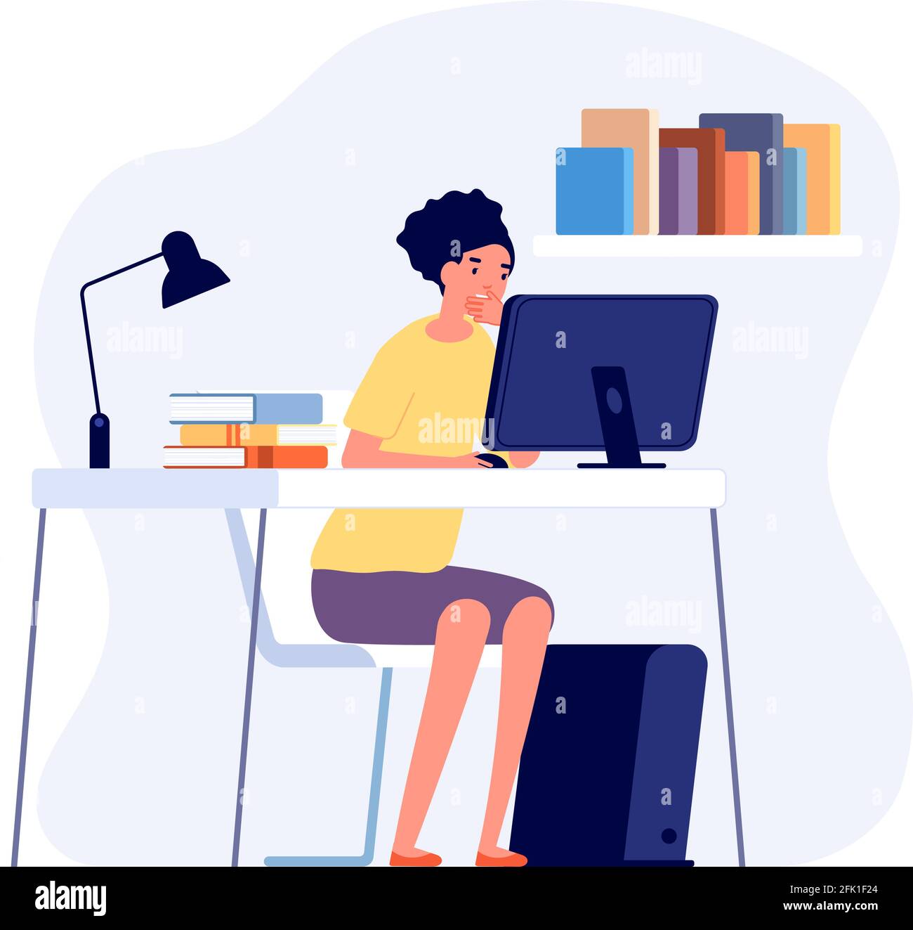 Studying process. Student reading at desk, online learning. Girl study