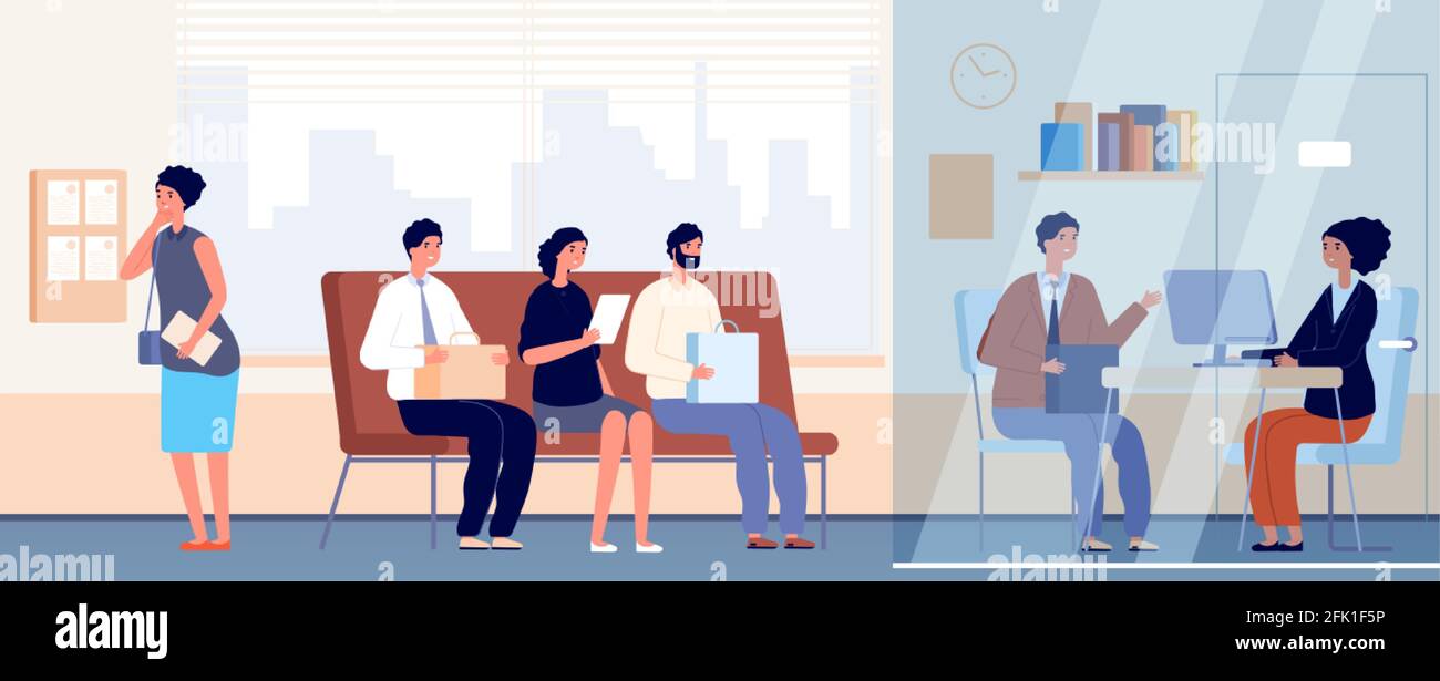 Job interview in office. Occupation recruitment, female communication with employee. Nervous people queue, professionals vector illustration Stock Vector