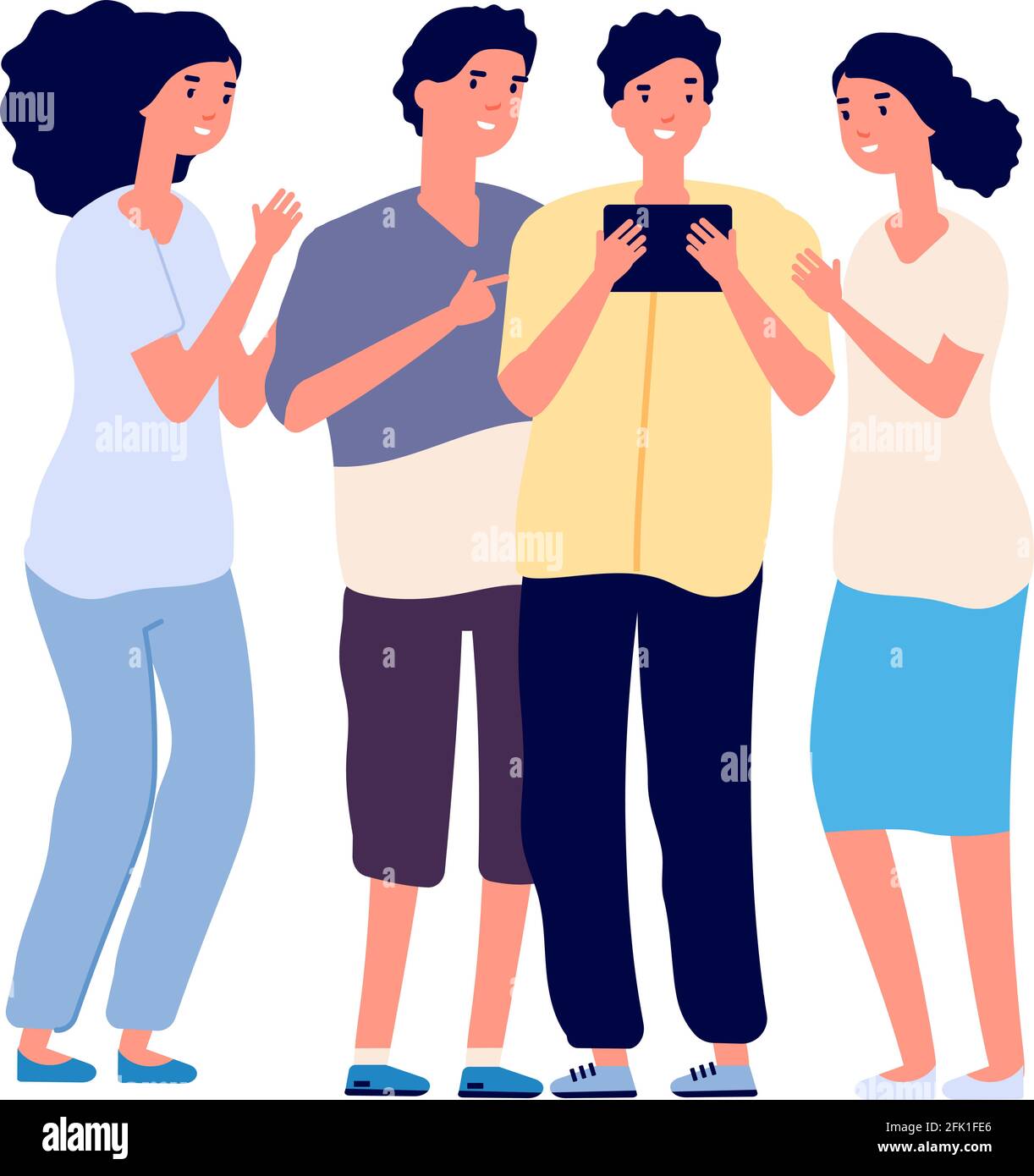Teenagers and tablet. Internet addiction, online communication, education or conference. Flat friends together. Isolated happy boys girls with gadget Stock Vector