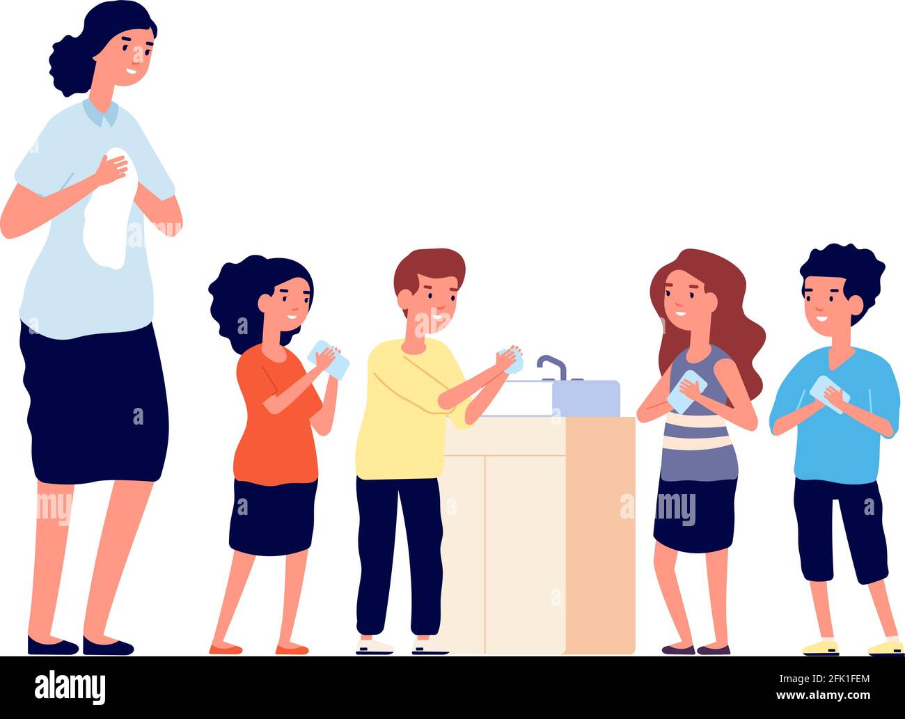 Children washing hands. School kids clean dirty hand in sink. Virus or germs protecting, woman girls and boys hygiene vector illustration Stock Vector