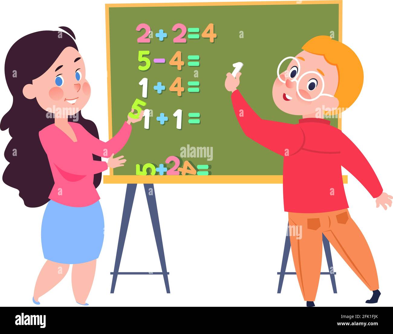 Boy learns count. Arithmetic lesson for toddlers, children play in school. Sister and brother doing homework together vector illustration Stock Vector