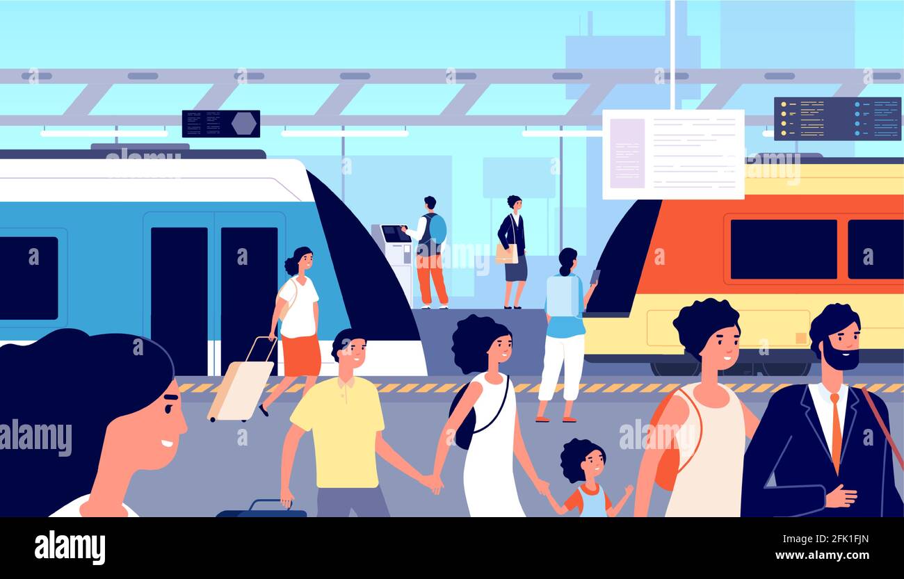 Railway station. Trains transport, city tourism and traveller. Crowd with suitcases on commuter train or subway platform vector illustration Stock Vector