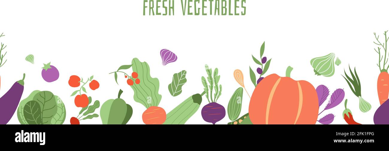 Fresh vegetables banner. Farming seamless pattern, isolated beet pumpkin carrot greens onion. Doodle autumn harvest vegan food vector border template Stock Vector