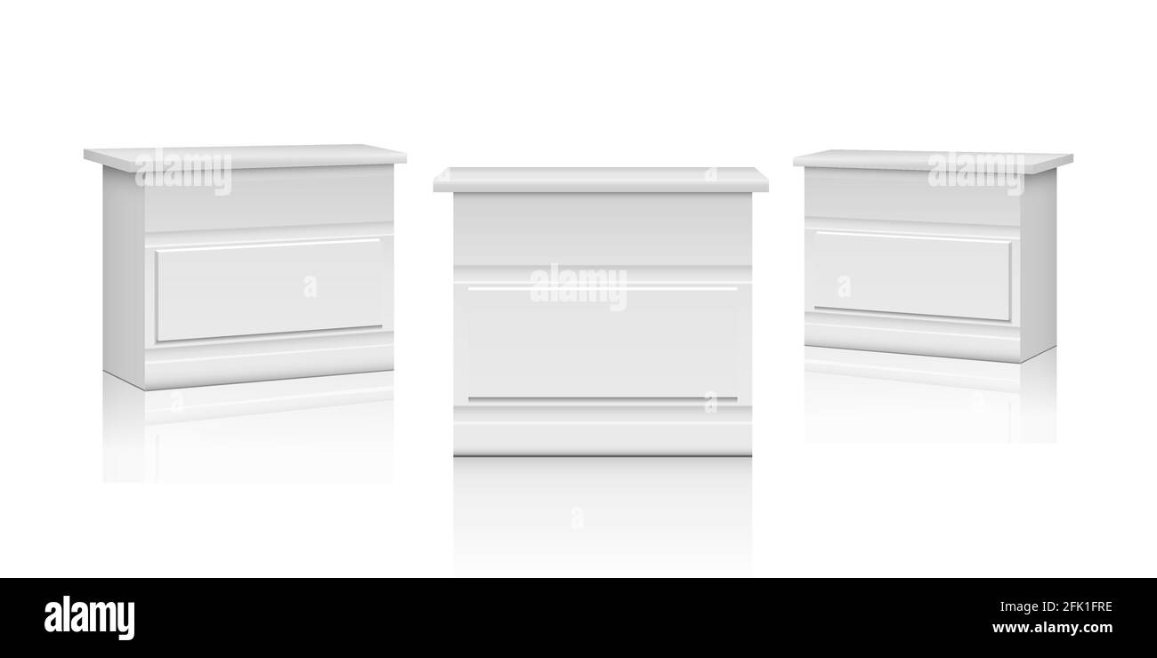Realistic promo stands. White market counters, 3D interior chest of drawers or bureau. Expo showroom tables vector mockup Stock Vector