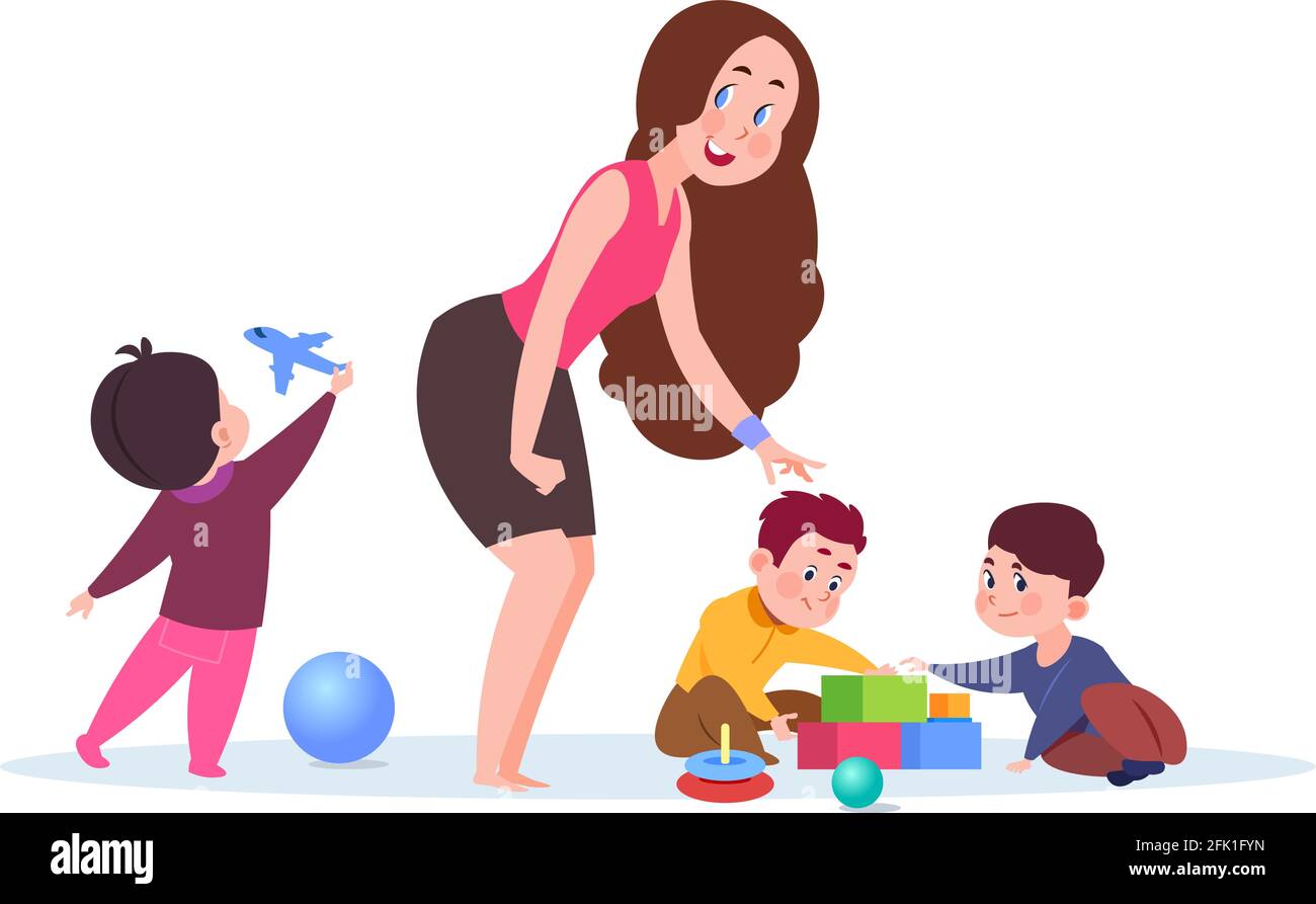 Kindergarten time. Cute cartoon toddlers, adorable teacher. Young nanny