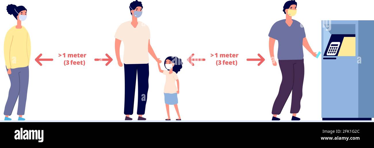 Social distance. Safe self precautions infographic, people wearing protective masks. Woman man kid prevent coronavirus infection in queue to atm Stock Vector