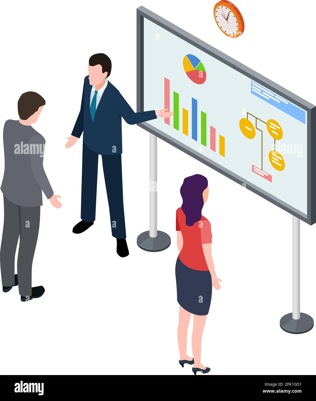 Finance presentation. Business information, isometric businessman and info banner. Investor looking startup, 3d woman man vector characters Stock Vector