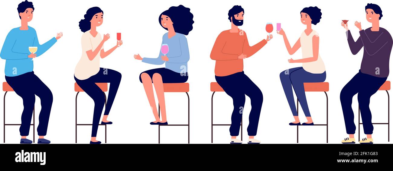 People sitting on bar stools. Friends meeting, man woman drinking cocktails wine. Isolated boy girl in bar or cafe, evening or birthday party vector Stock Vector