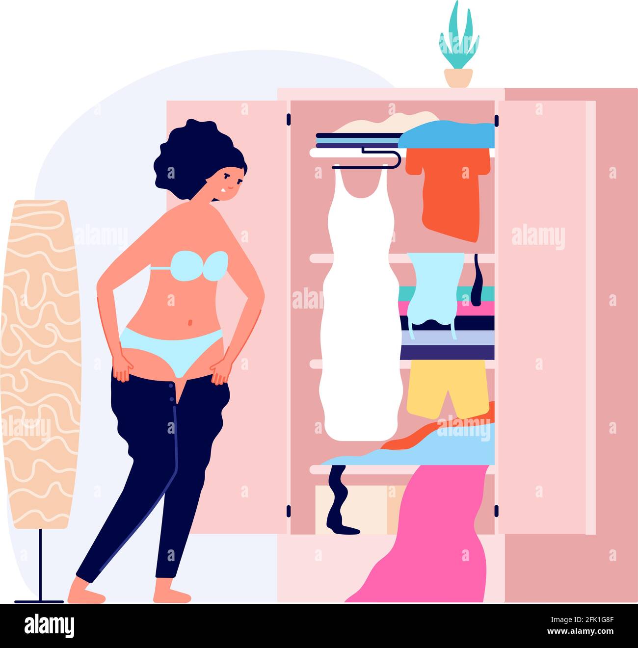 Girl getting dressed. Morning time, young woman wearing to work or go walk. Fat problems, overweight vector illustration Stock Vector