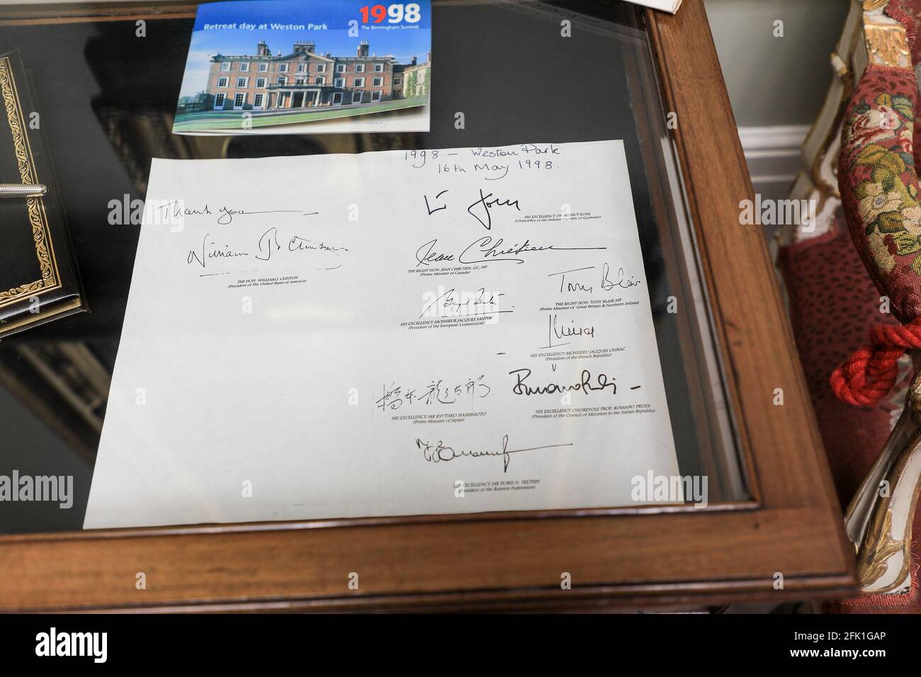 Signatures of the world leaders at the1998 G8 summit at Weston Hall, Weston Park,  Weston-under-Lizard, Shifnal, Staffordshire, England, UK. Stock Photo