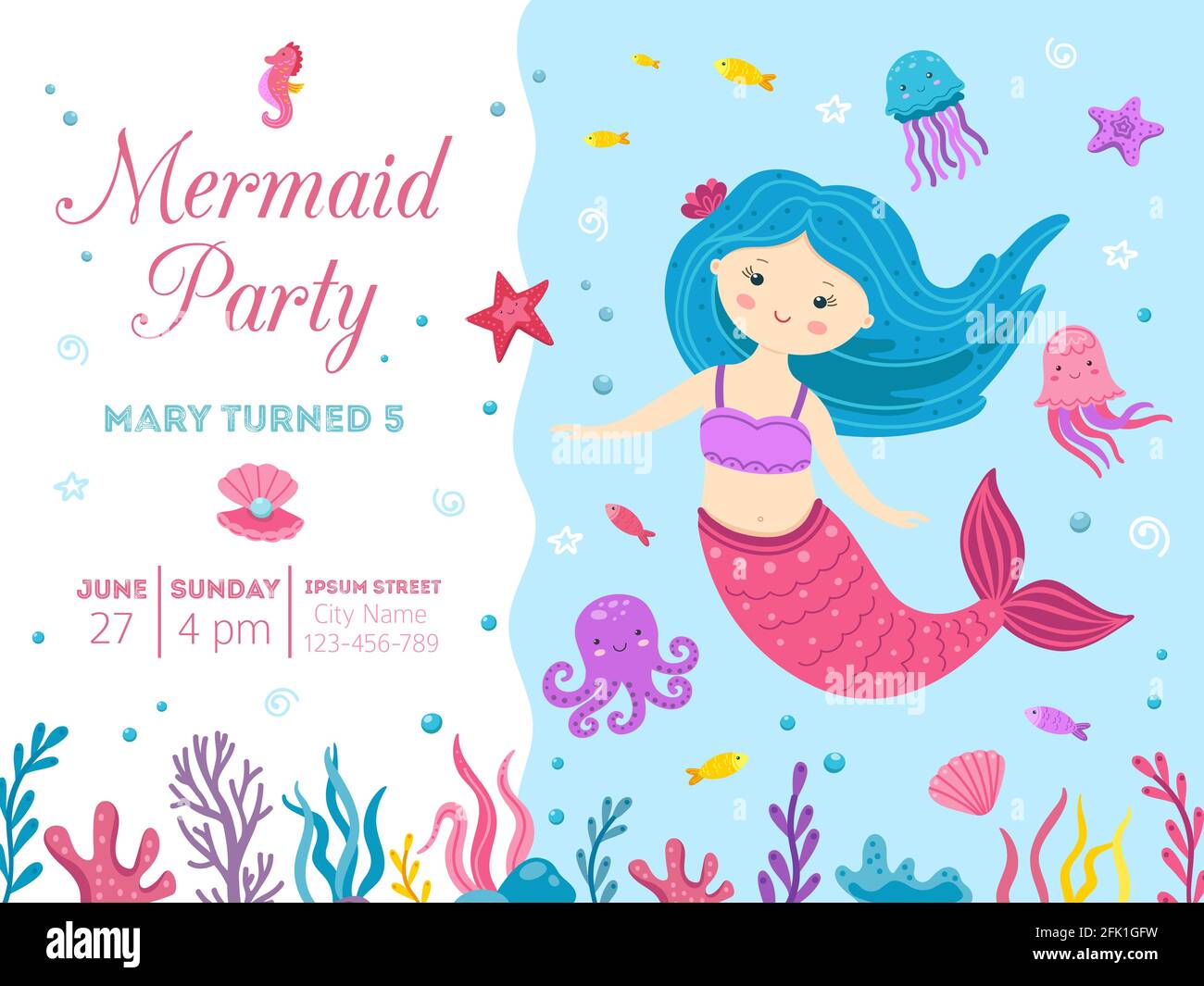 Mermaid party. Cute princess birthday invitation with ocean life. Little  girl celebration card, kids baby marine festive vector illustration Stock  Vector Image \u0026 Art - Alamy, image size:1300x1065