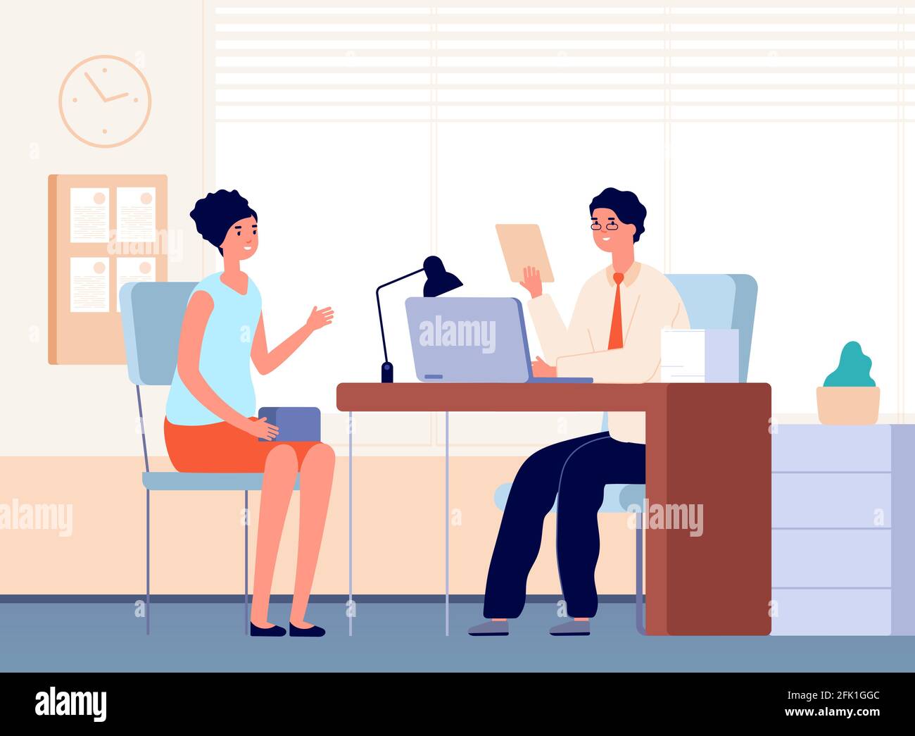 Interview with boss. Job occupation, female communication in office with businessman or hr manager. Recruitment employee vector illustration Stock Vector
